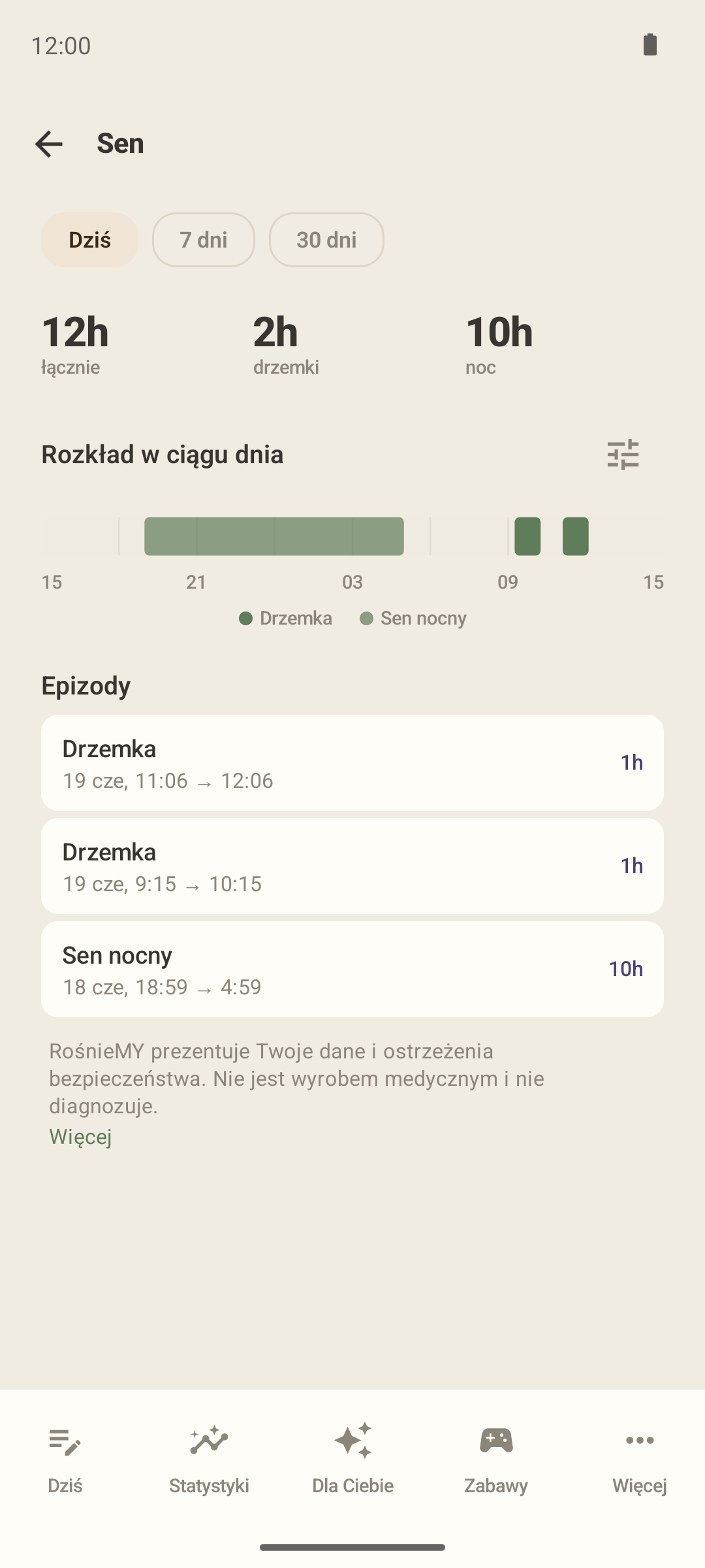 Podgląd ekranu snu w aplikacji RośnieMY